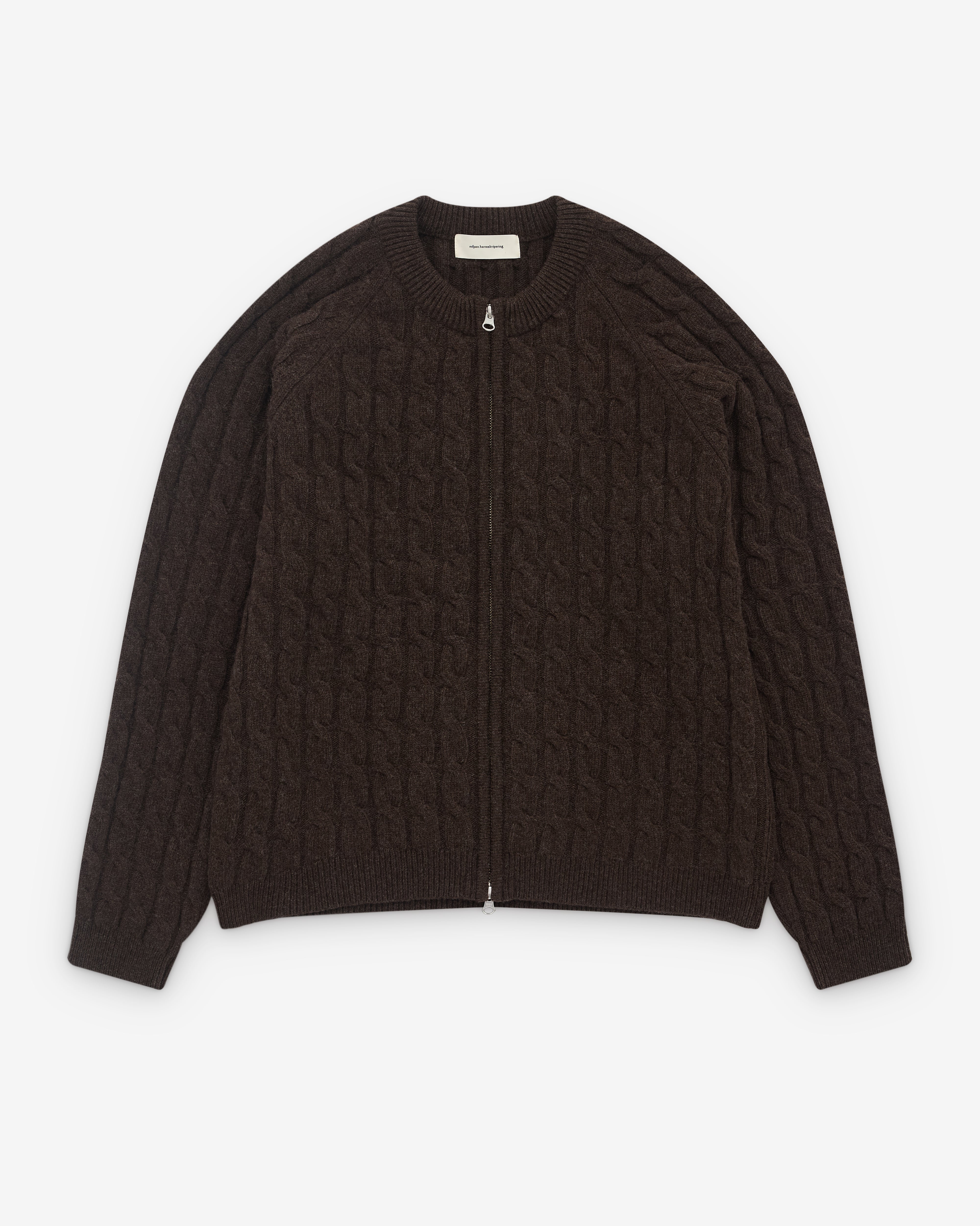 Mfpen: Men's Editor Zip Sweater (Brown Cable Knit) | DSMNY E-SHOP