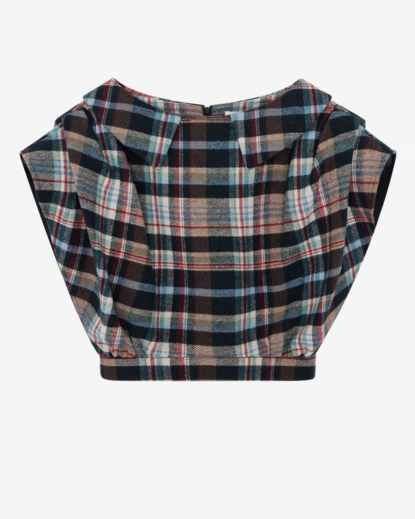 ShuShu/Tong - Women's Pleated Shoulder Pad Crop Top - (Plaid)