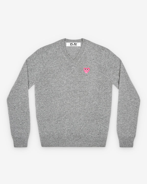 Play - Small Pink Heart V-Neck Sweater - (Light Grey)
