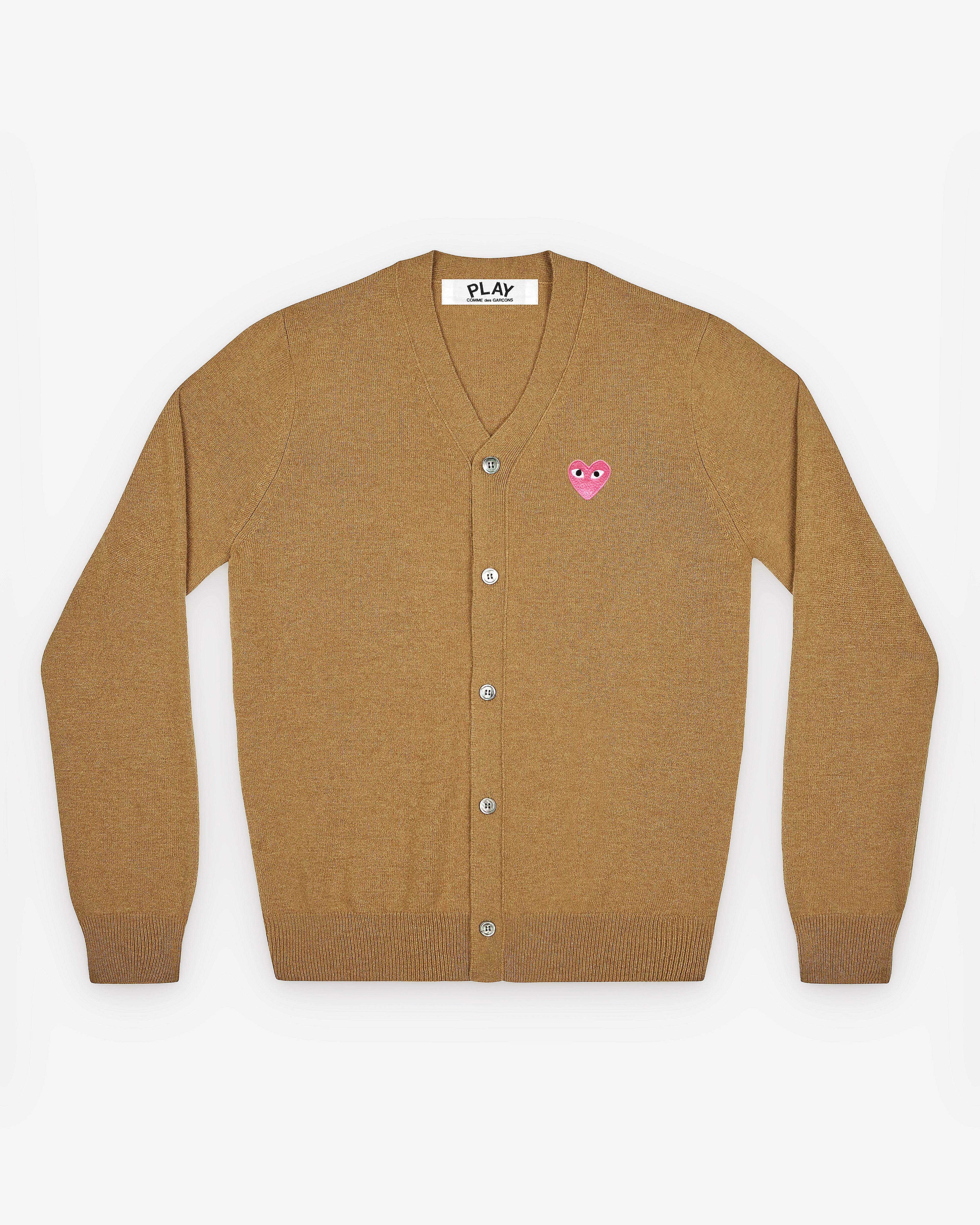 Play: Small Pink Heart V-Neck Cardigan (Camel) | DSMNY E-SHOP