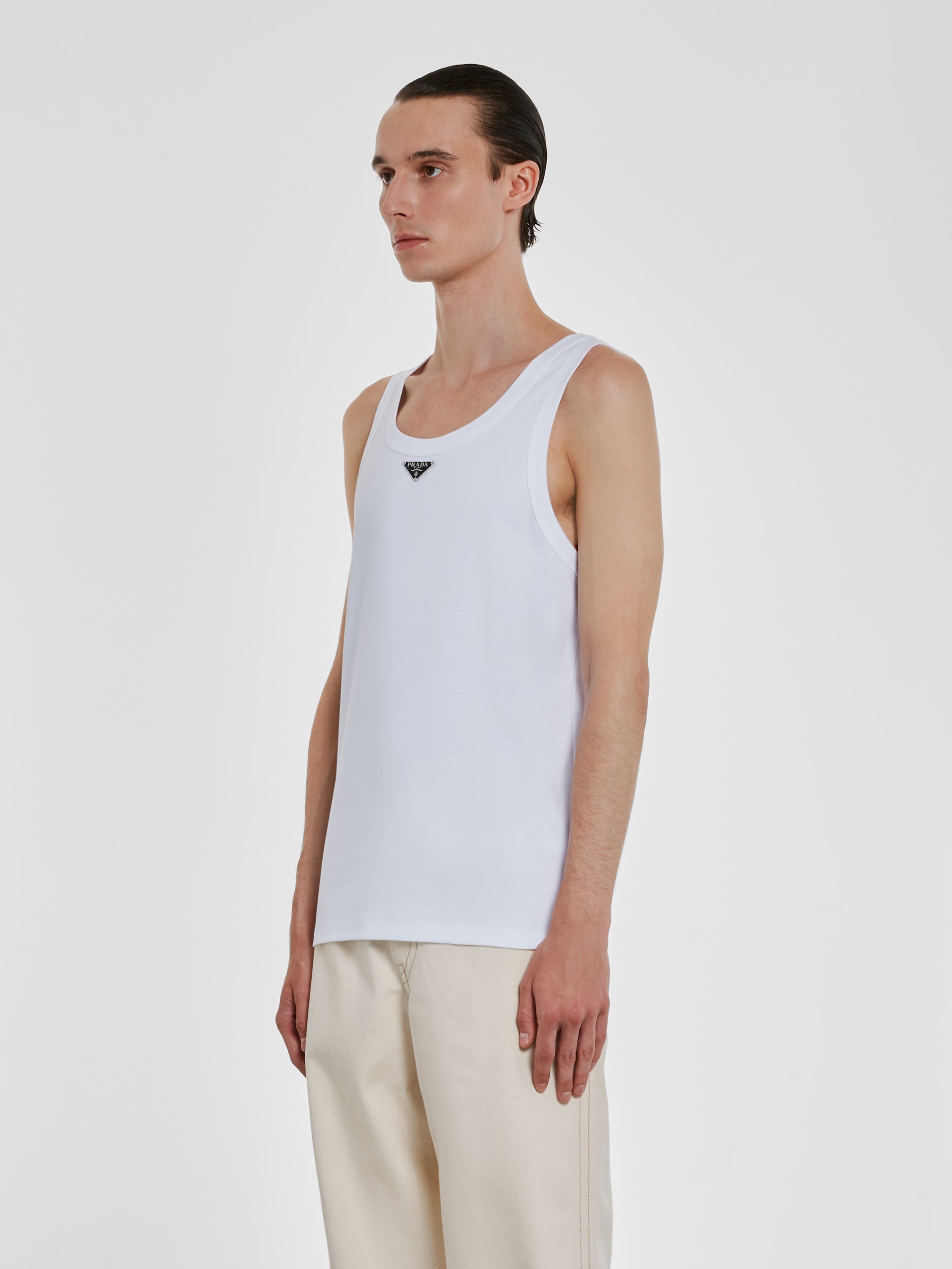 White Triangle-logo cotton-jersey crop top, Prada