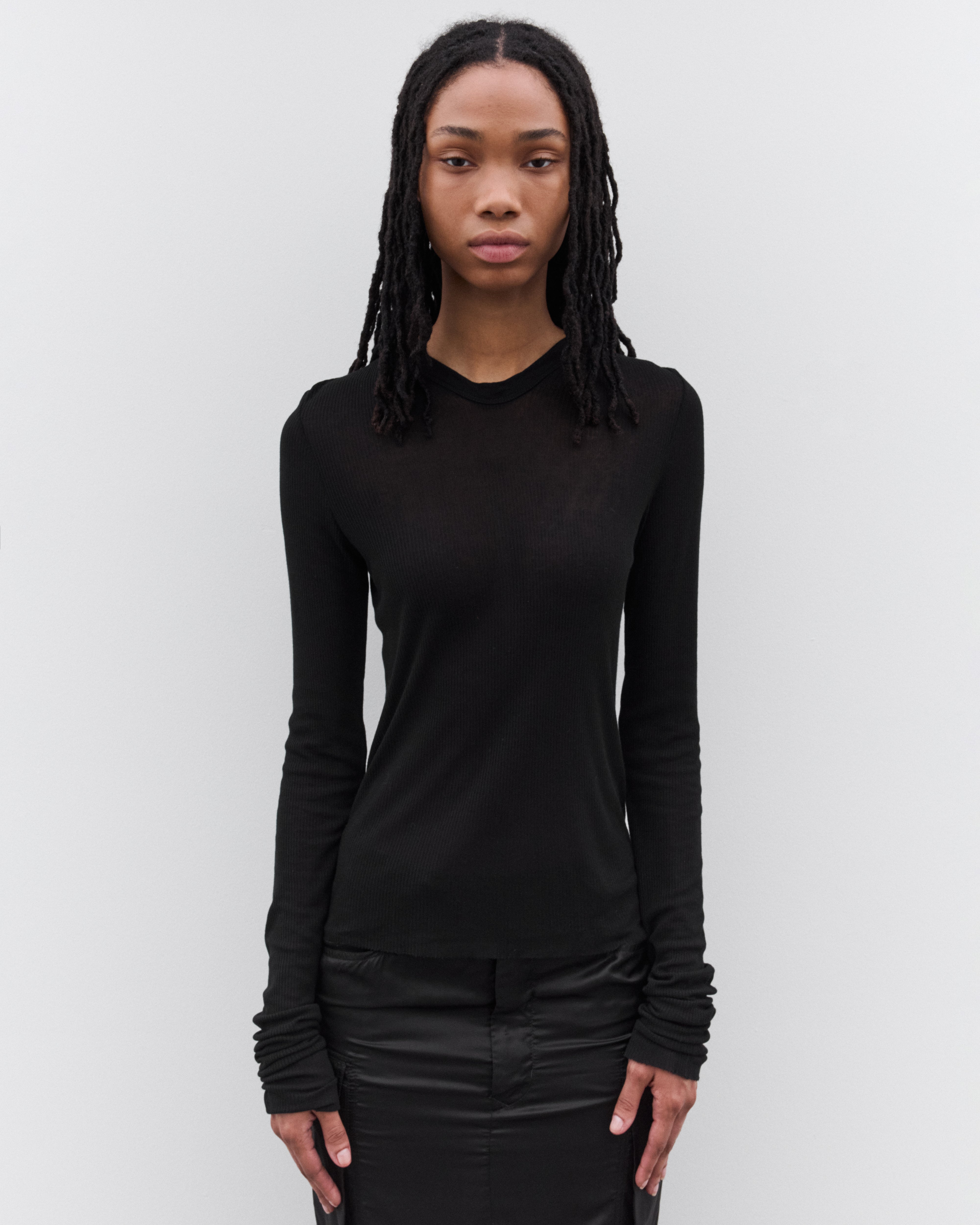 Rick Owens: Women's Cropped Hooded Rib Long Sleeve T-Shirt (Black