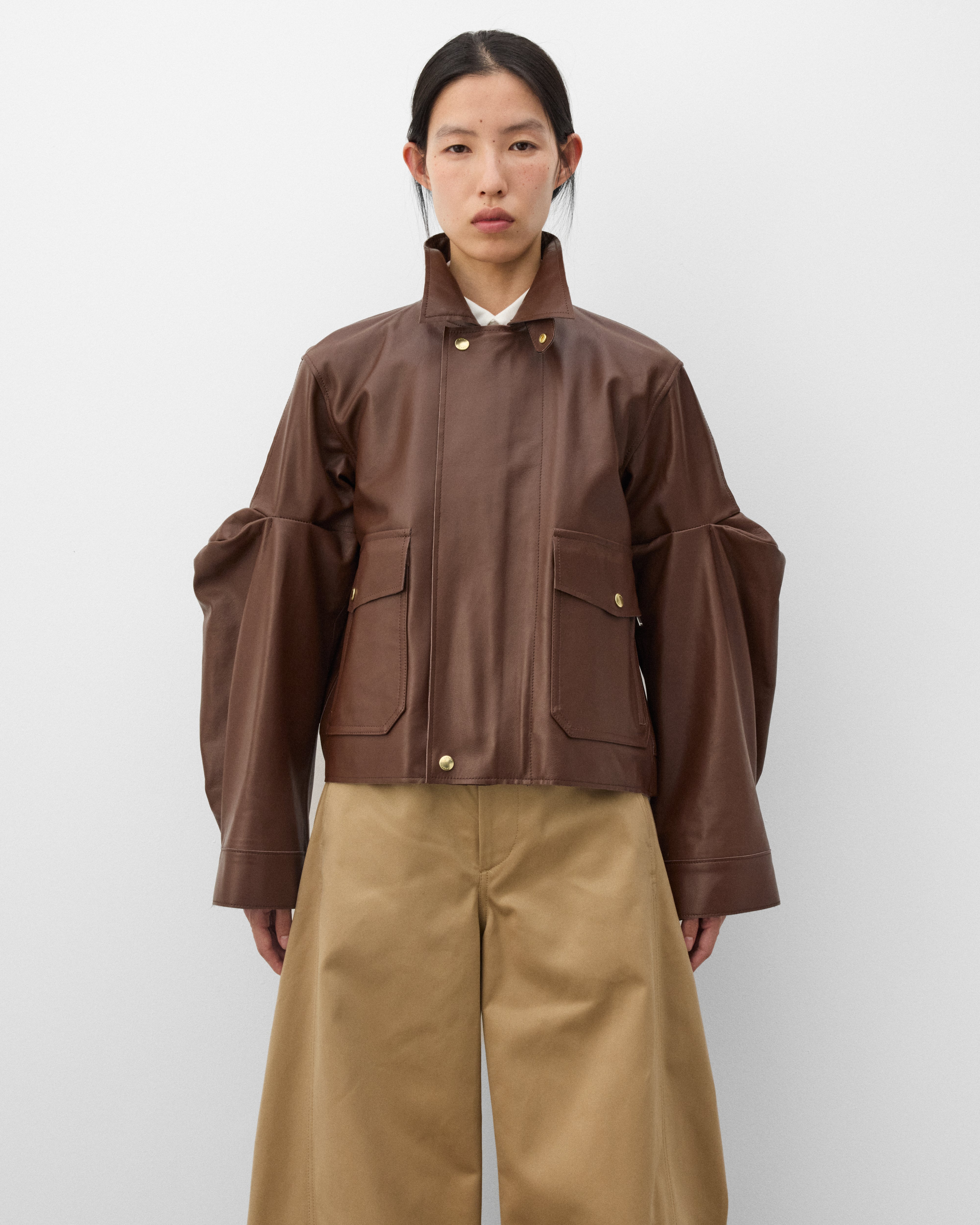 Sacai: Women's Leather Blouson (Brown) | DSMNY E-SHOP