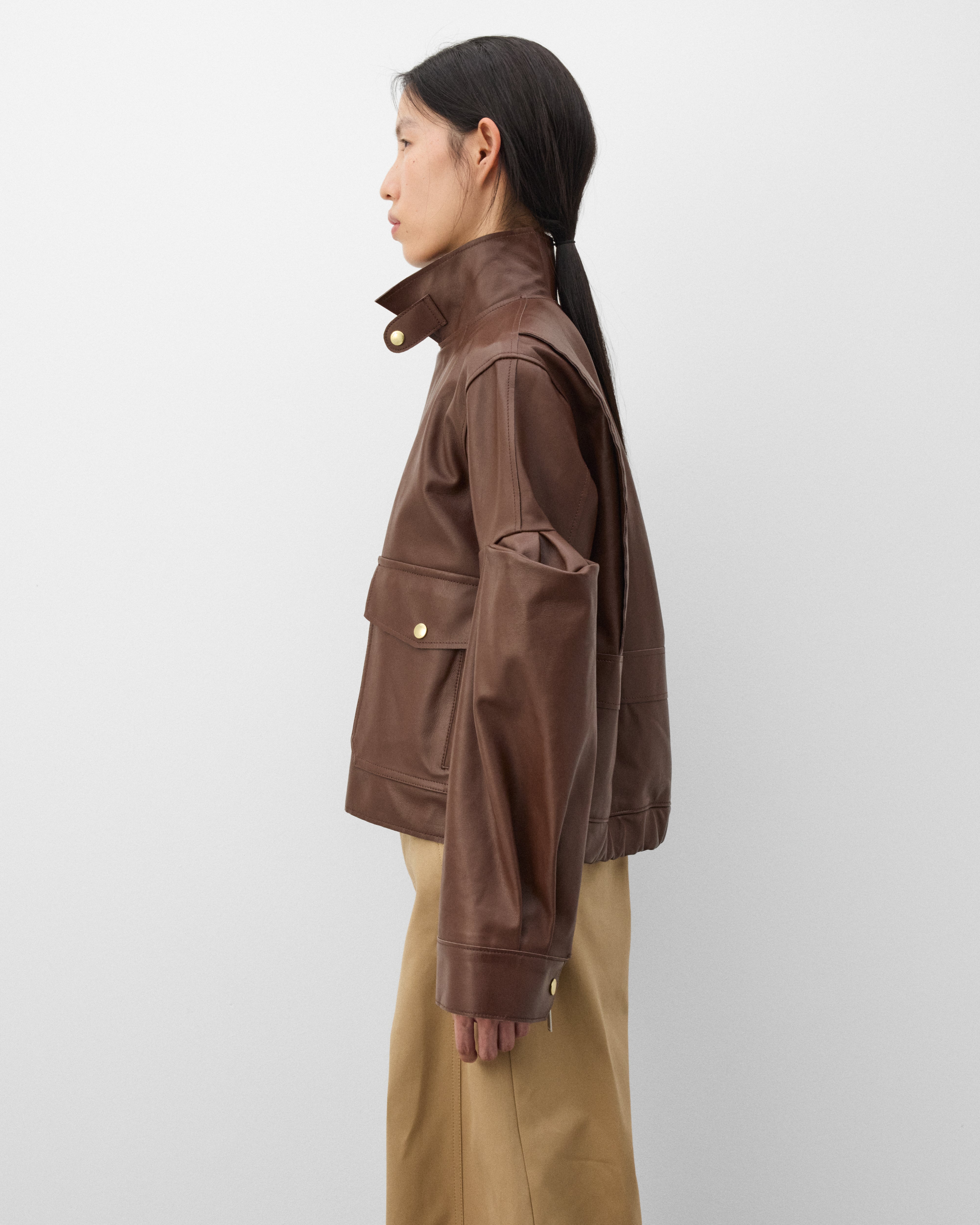 Sacai: Women's Leather Blouson (Brown) | DSMNY E-SHOP