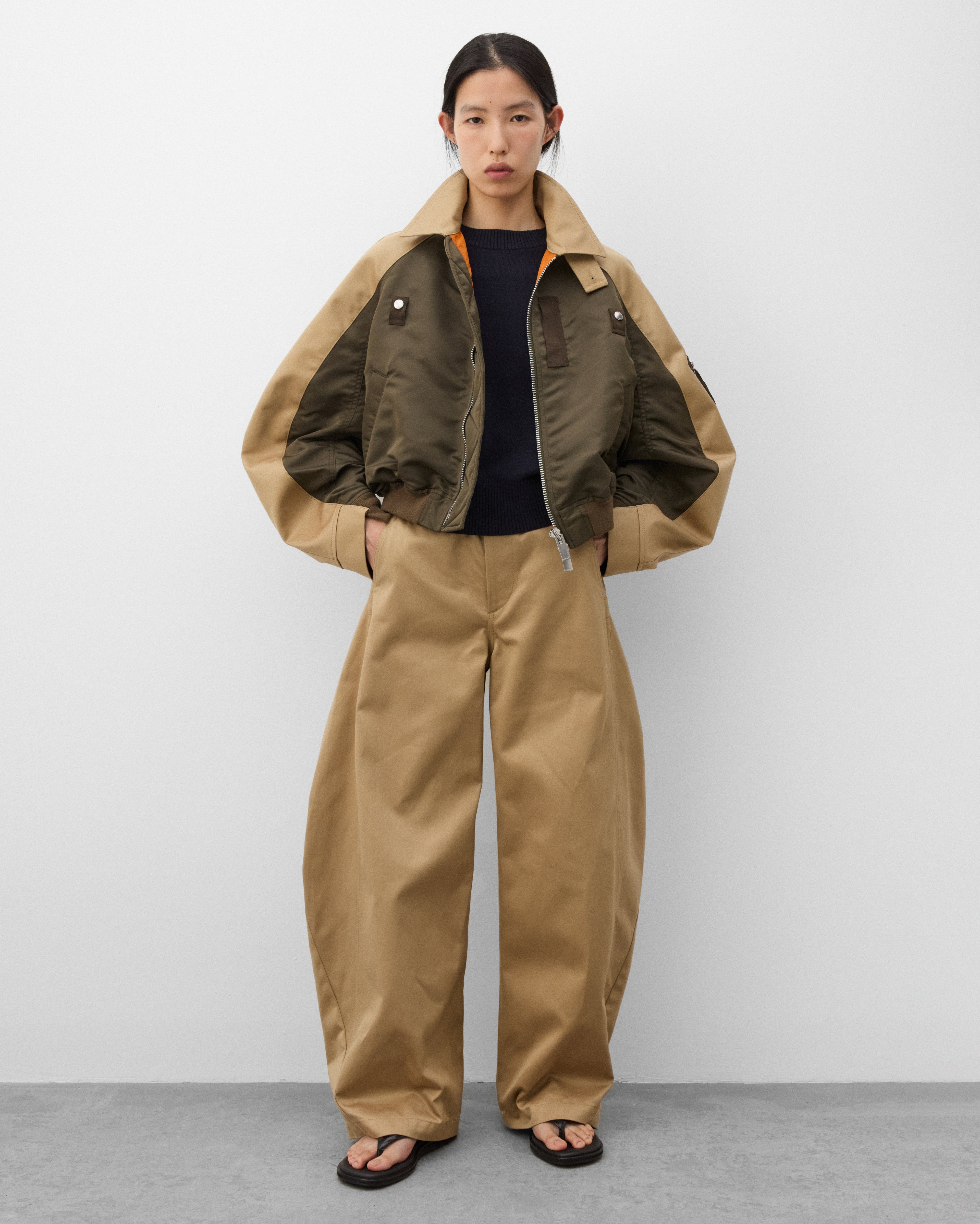 Sacai: Women's Nylon Twill Blouson (Dark Khaki/Beige) | DSMNY E-SHOP