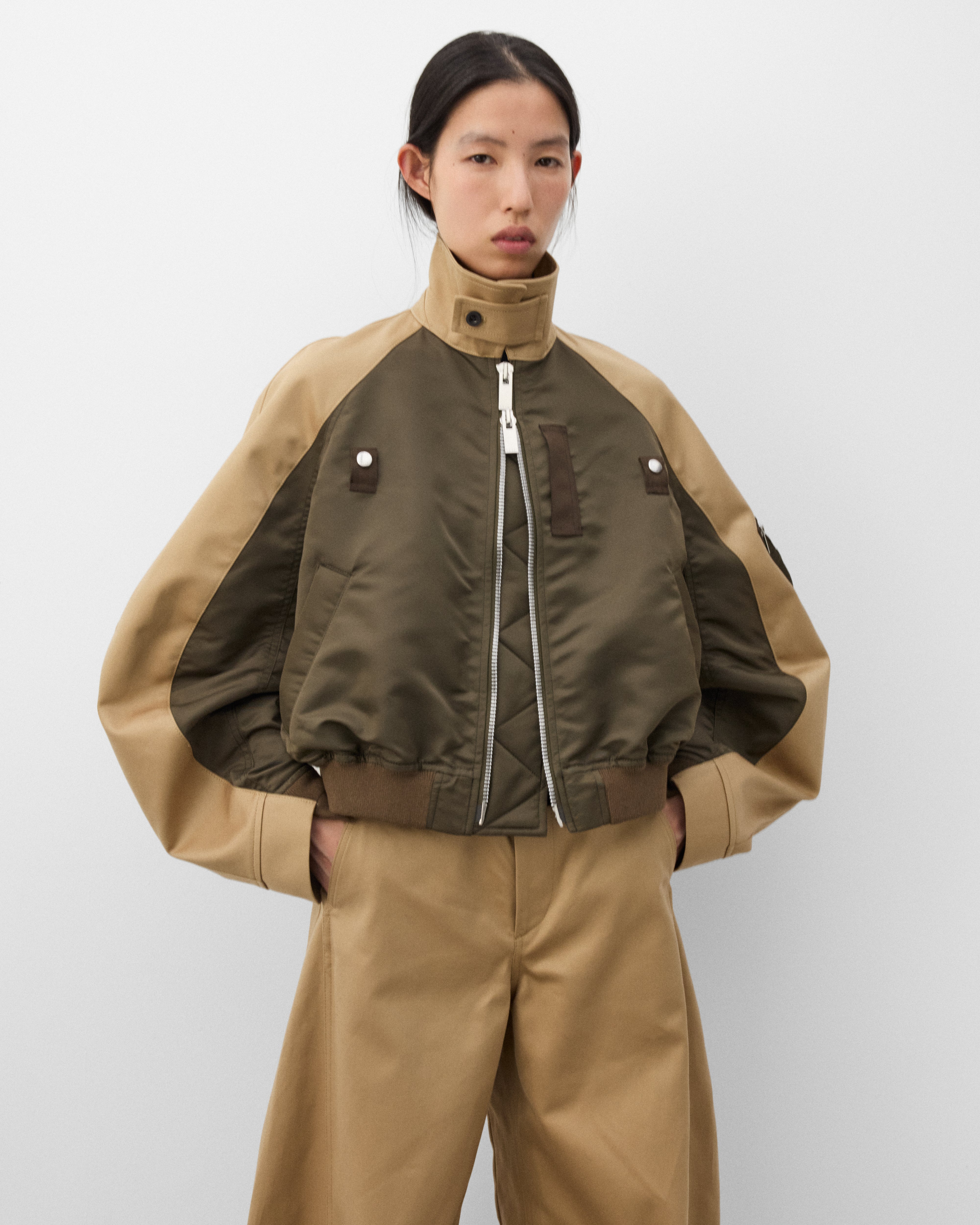 Sacai: Women's Nylon Twill Blouson (Dark Khaki/Beige) | DSMNY E-SHOP