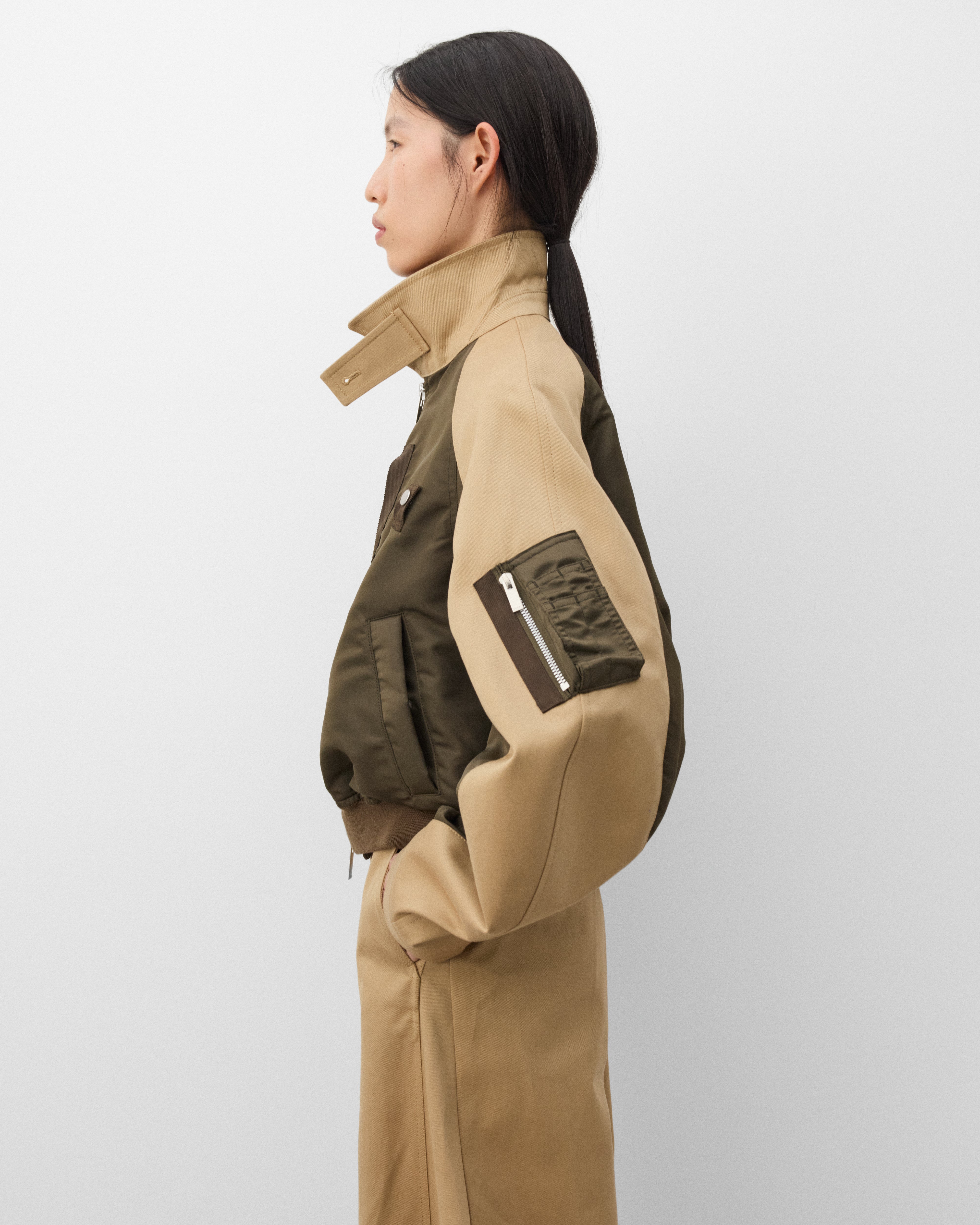 Sacai: Women's Nylon Twill Blouson (Dark Khaki/Beige) | DSMNY E-SHOP