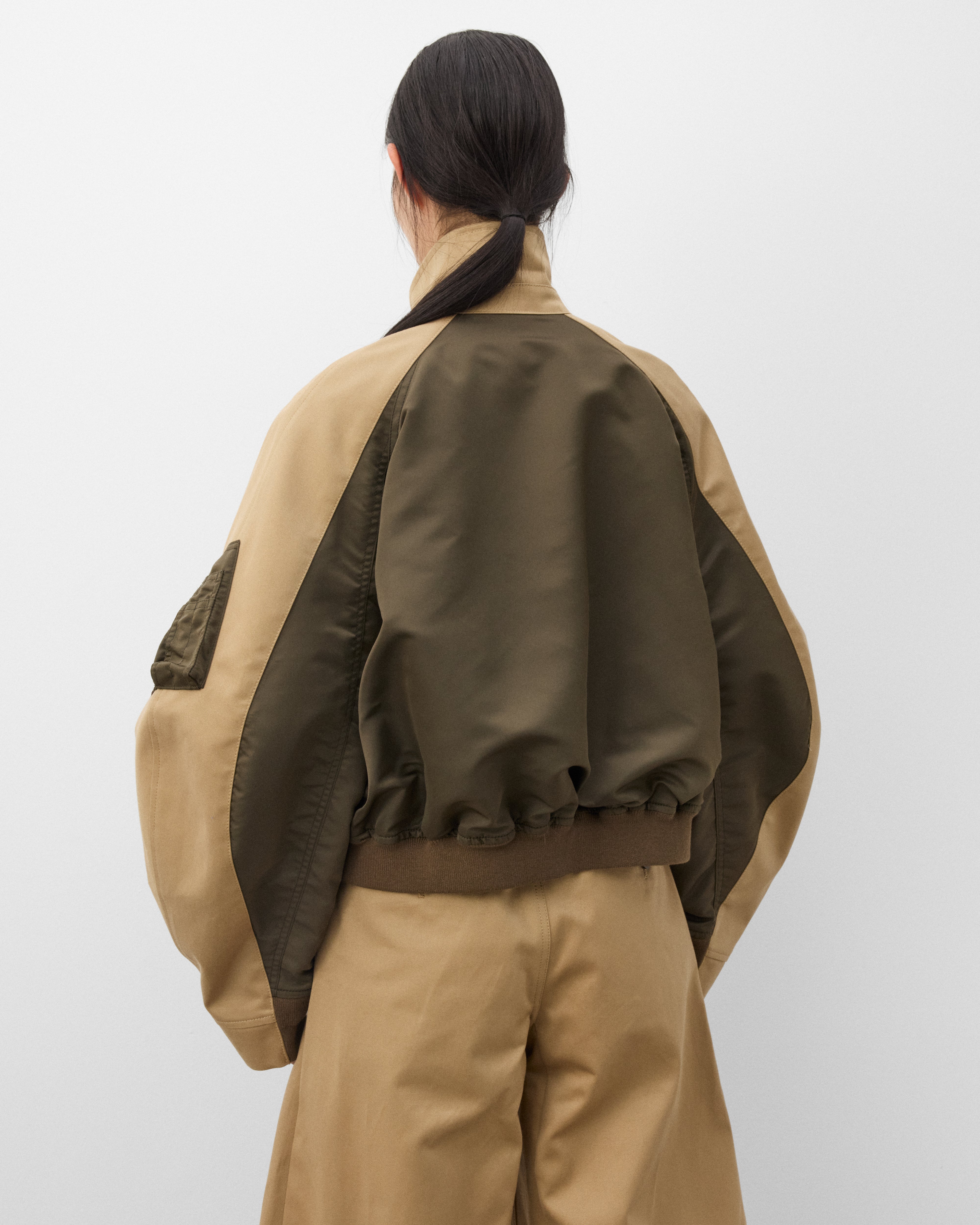 Sacai: Women's Nylon Twill Blouson (Dark Khaki/Beige) | DSMNY E-SHOP