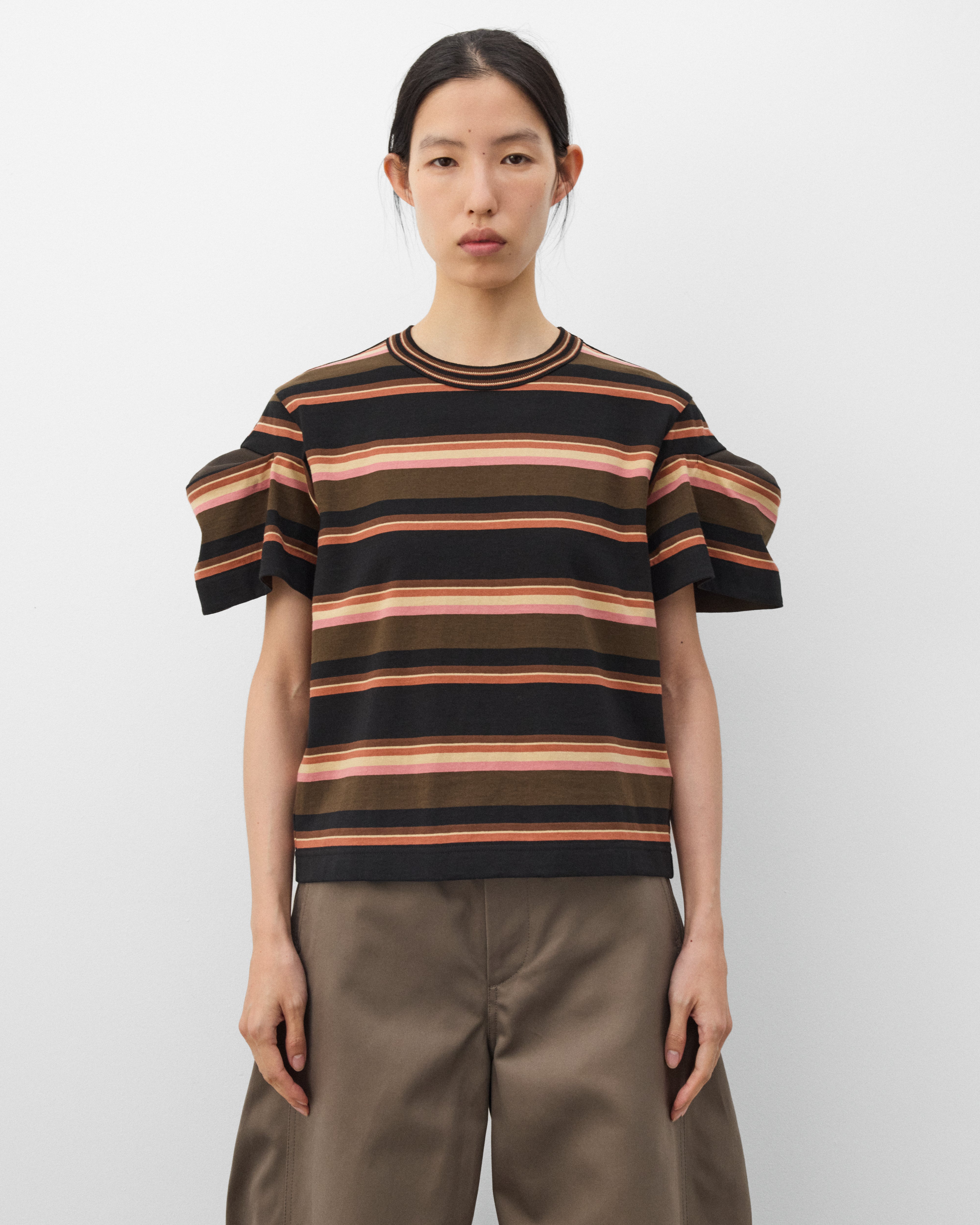 sacai: Women's Horizontal Stripe T-Shirt (Khaki/Pink) | DSMNY E-SHOP