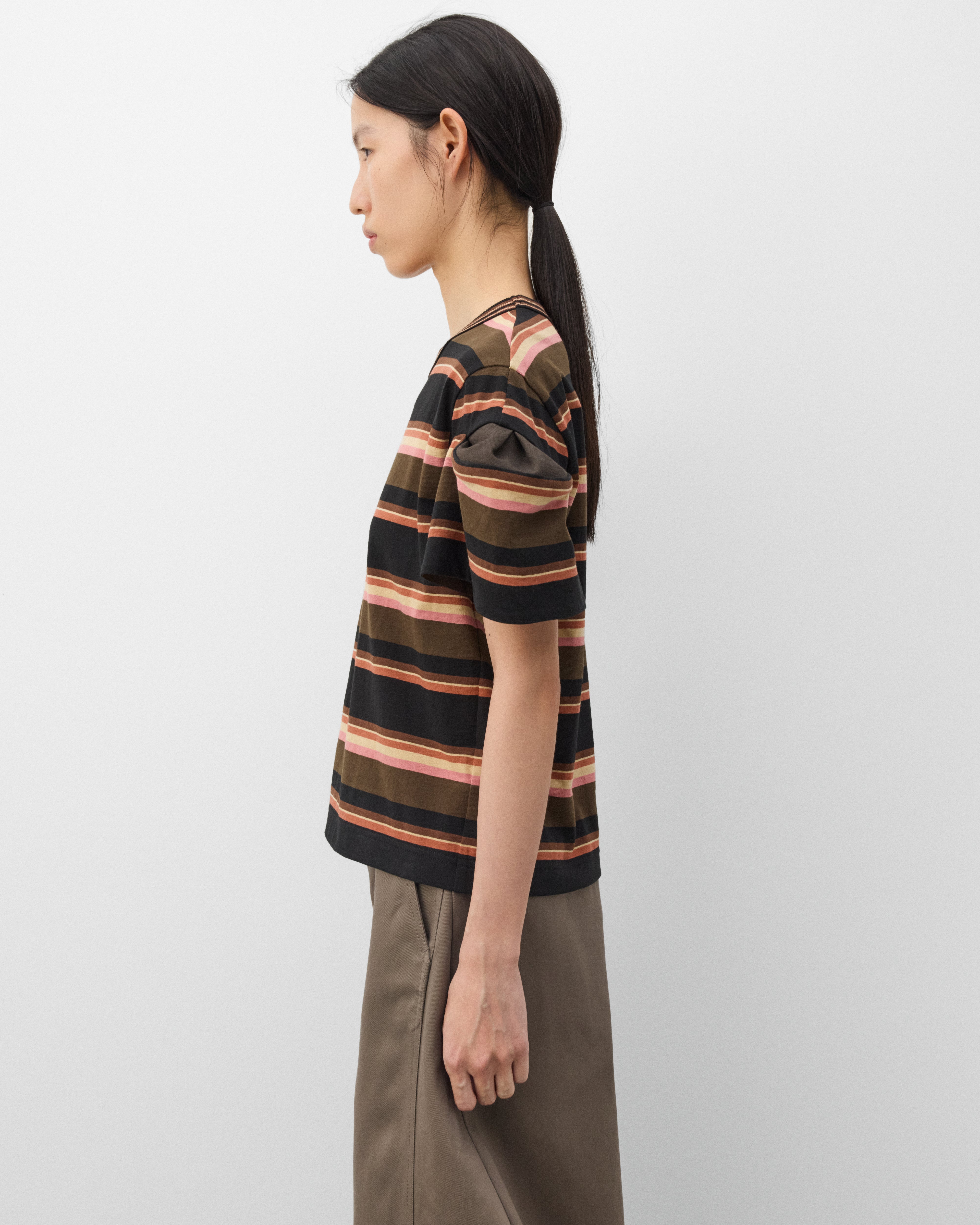 sacai: Women's Horizontal Stripe T-Shirt (Khaki/Pink) | DSMNY E-SHOP