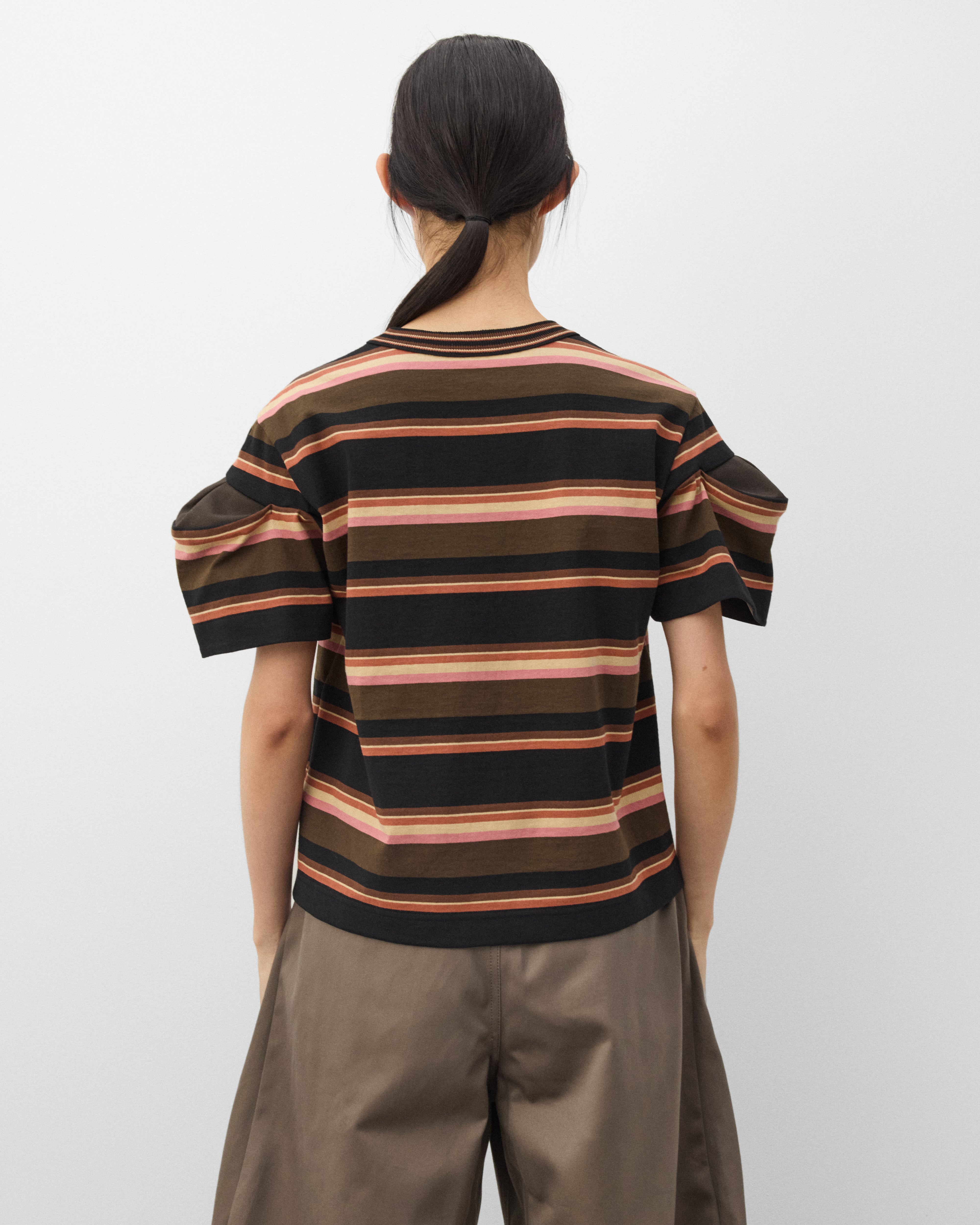 sacai: Women's Horizontal Stripe T-Shirt (Khaki/Pink) | DSMNY E-SHOP