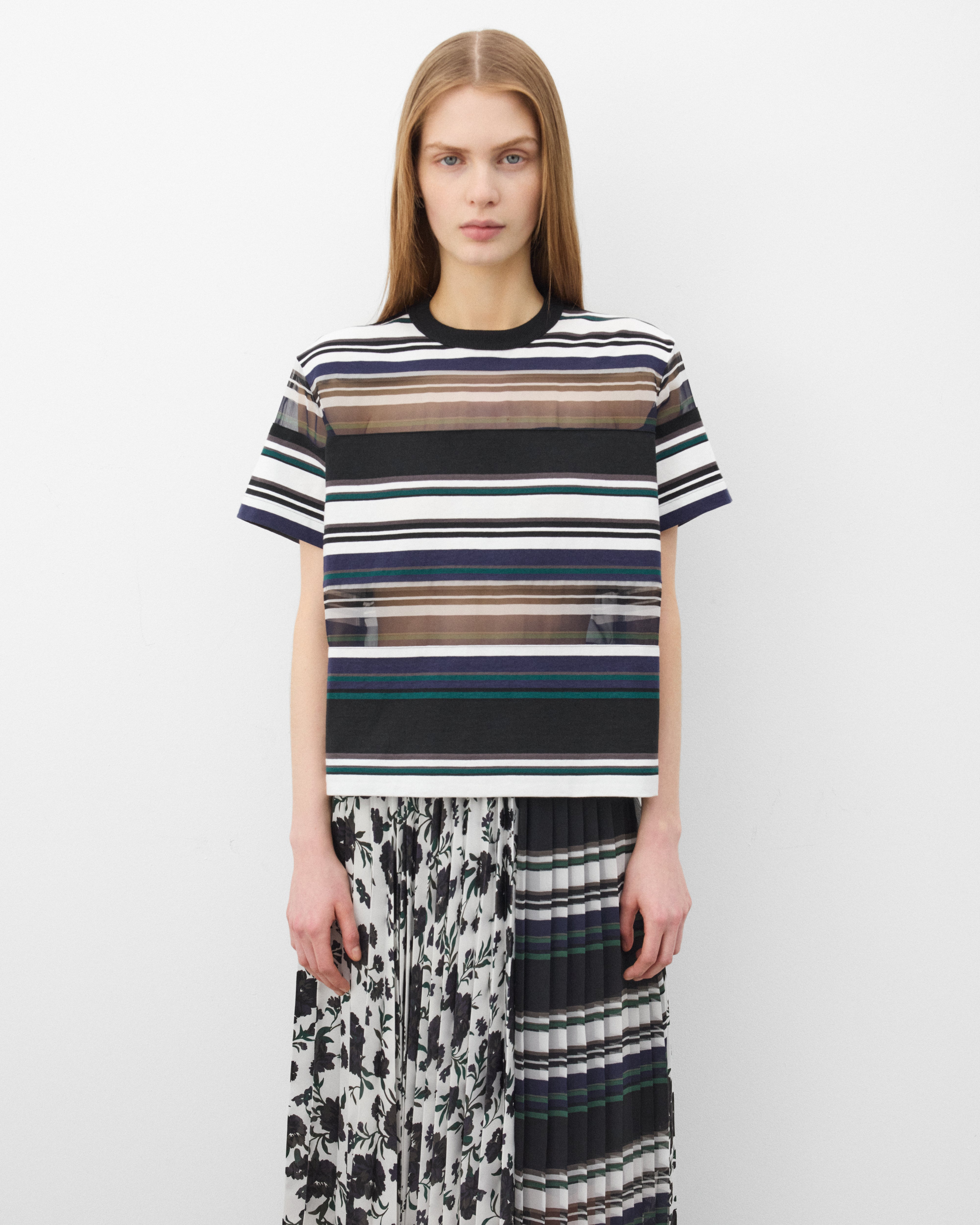 Sacai: Women's Stripe Cotton Jersey T-Shirt (Black/White/Blue