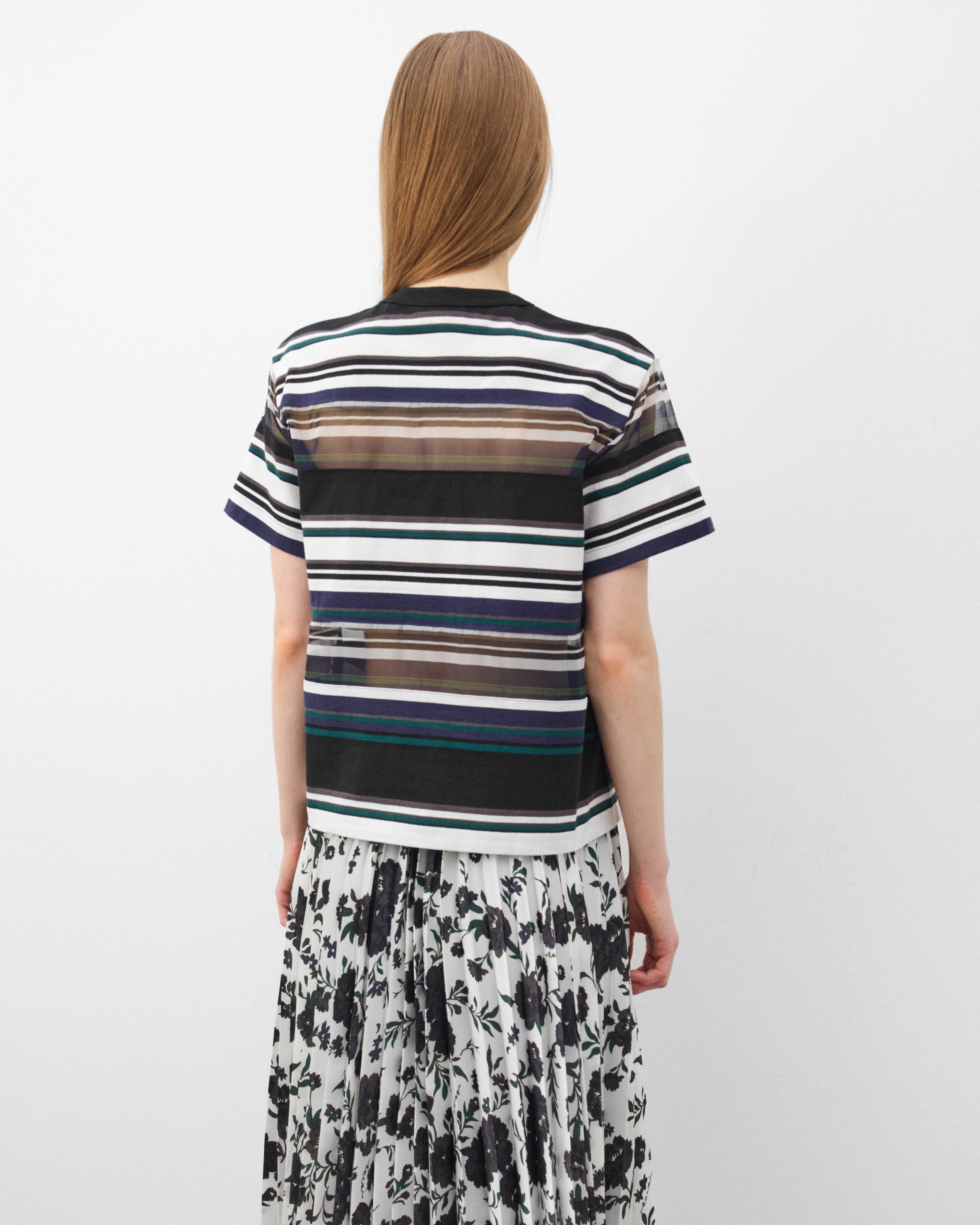 Sacai: Women's Stripe Cotton Jersey T-Shirt (Black/White/Blue