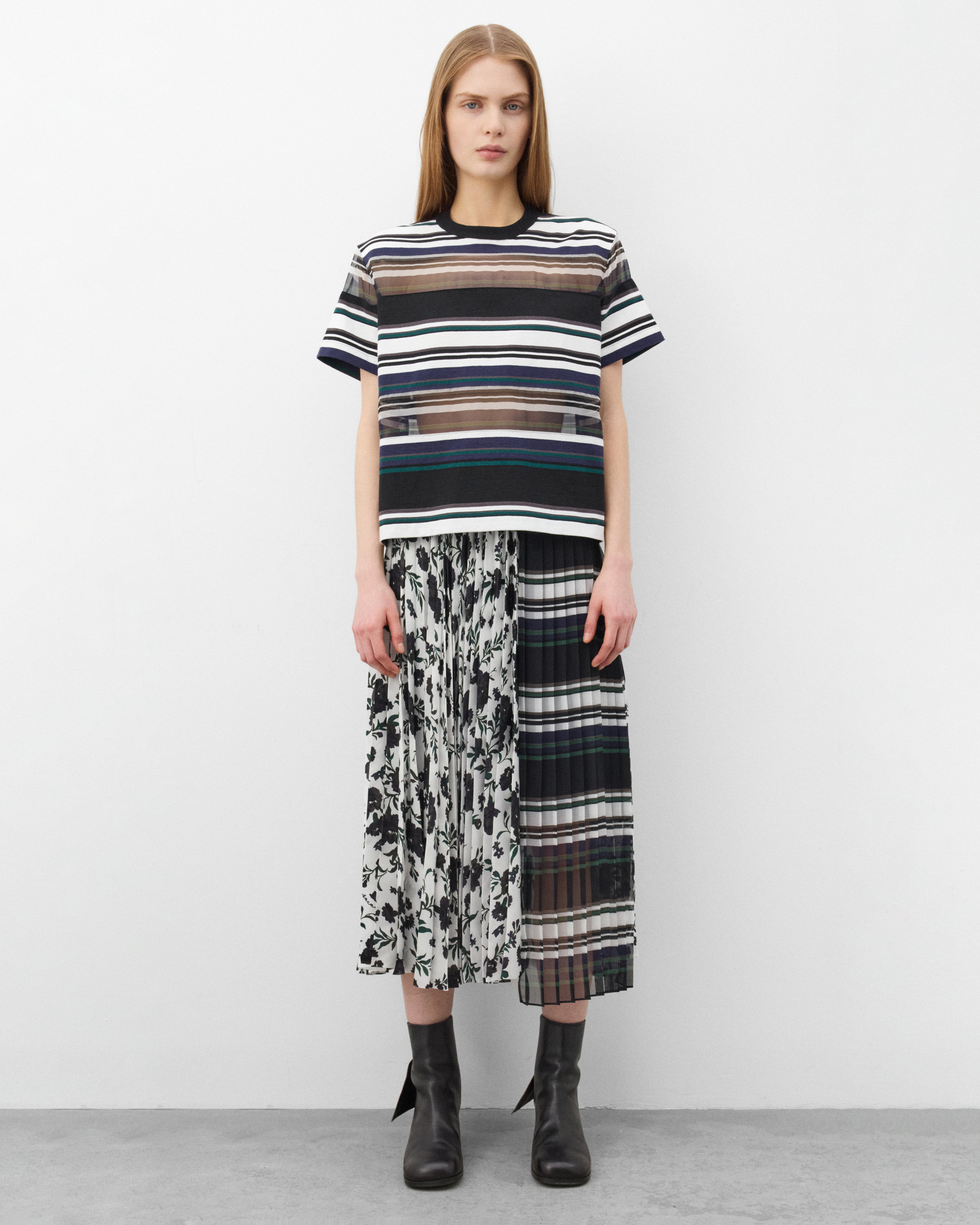Sacai: Women's Stripe Cotton Jersey T-Shirt (Black/White/Blue