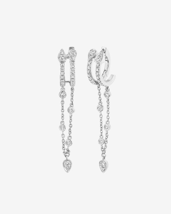 Shay - Women's Double Fringe Pear Drop Huggies - (White Gold)