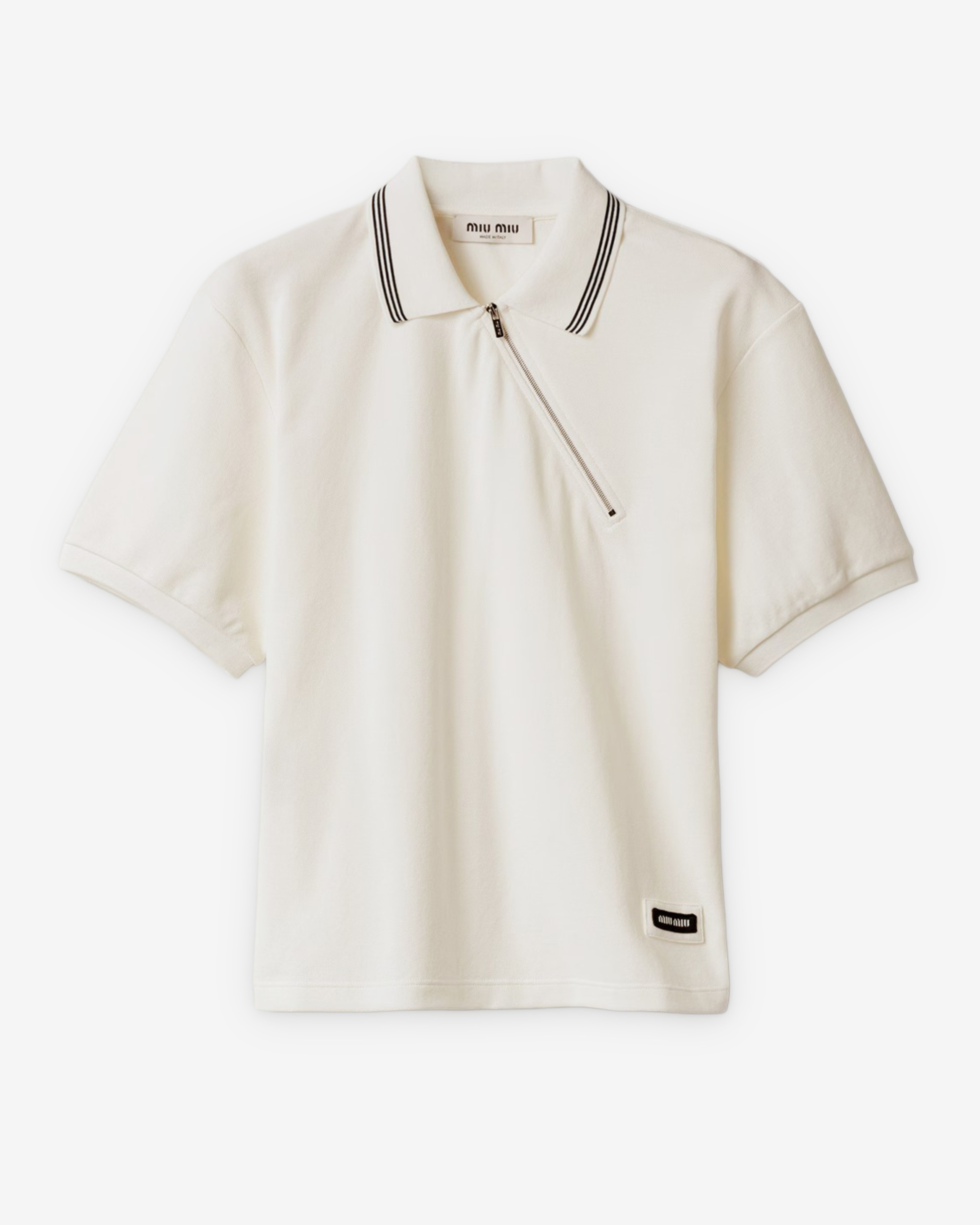 Miu Miu: Women's Cotton Piqué Zippered Polo Shirt (White) | DSMNY