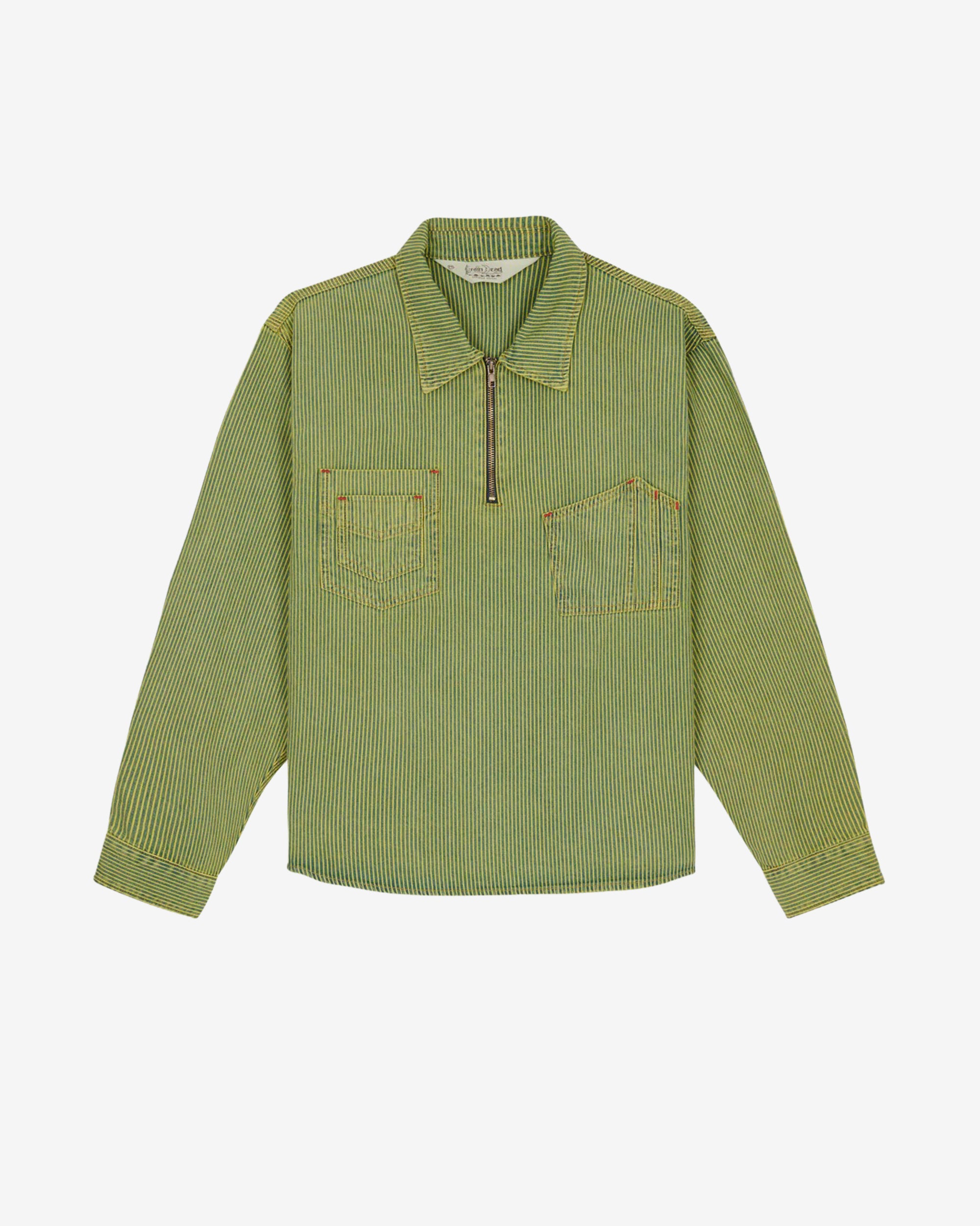 Brain Dead - Men's Hickory Stripe Half Zip Work Shirt - (Green) view 1, Click to Zoom in