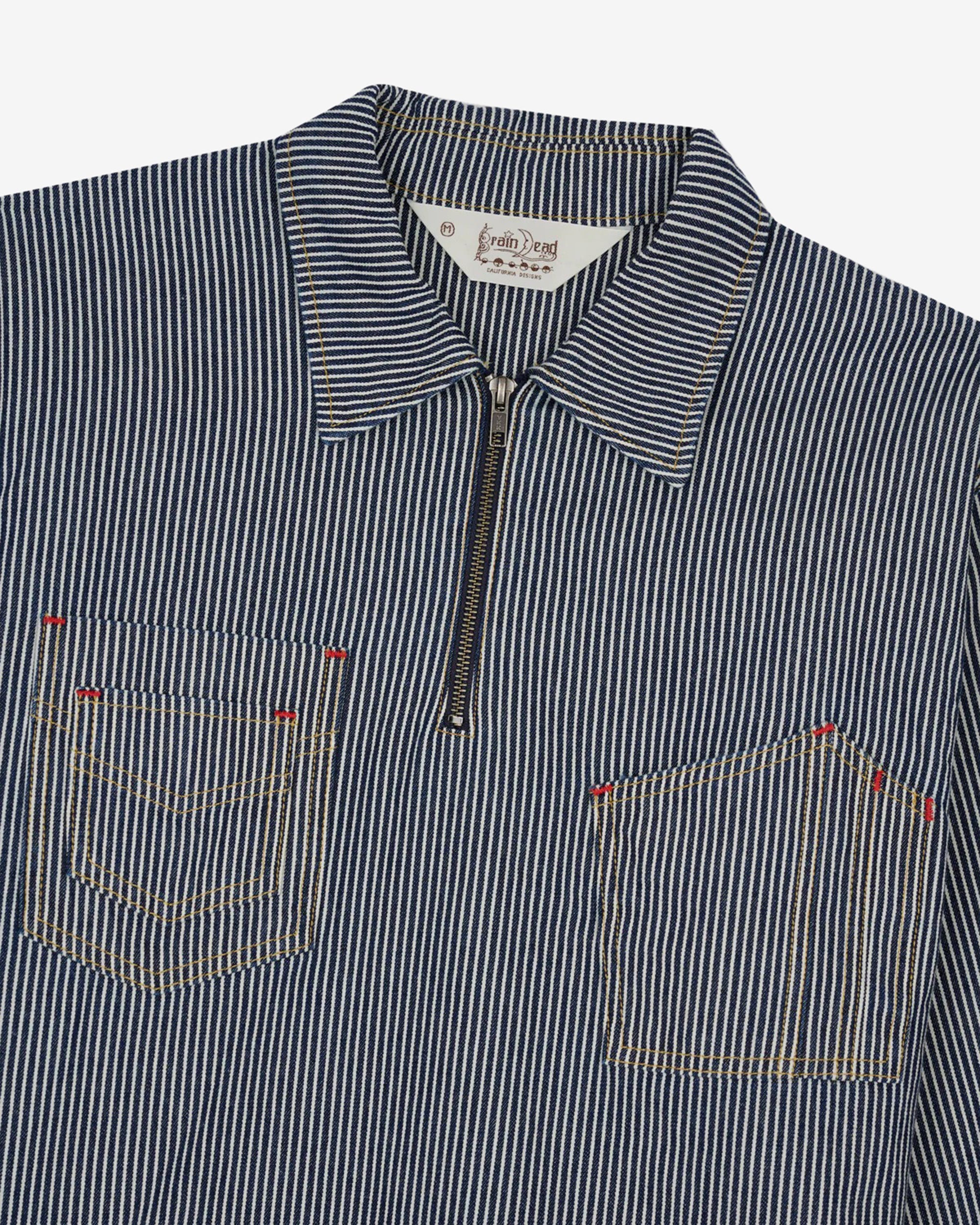 Brain Dead - Men's Hickory Stripe Half Zip Work Shirt - (Navy) view 3, Click to Zoom in