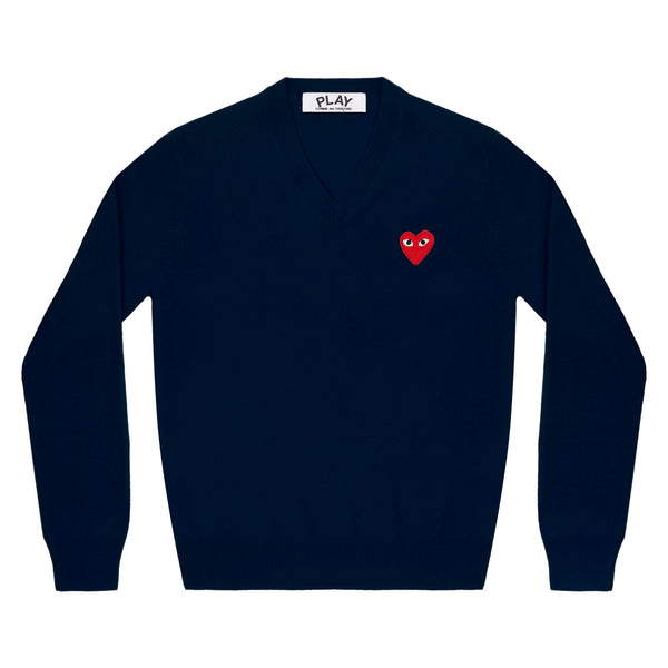 Red Play Comme des Garçons V Neck Sweater (Navy)