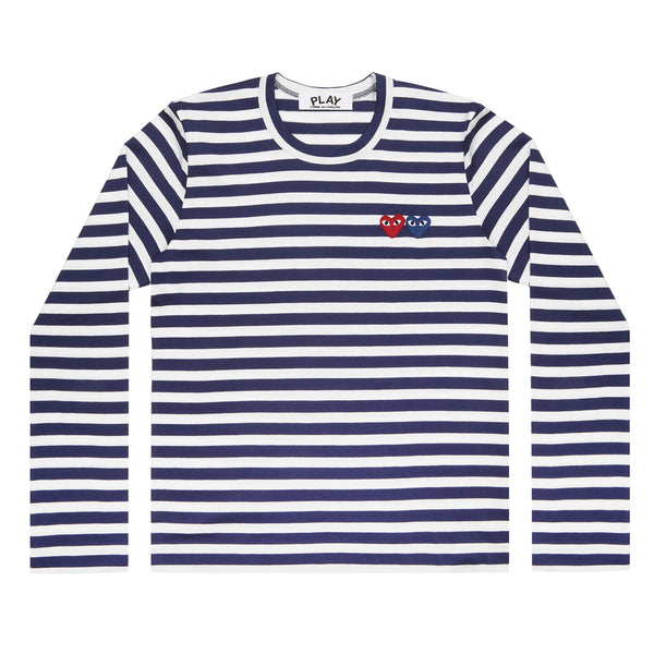 Play Comme des Garçons - Striped T-Shirt with Double Heart - (Navy/White)