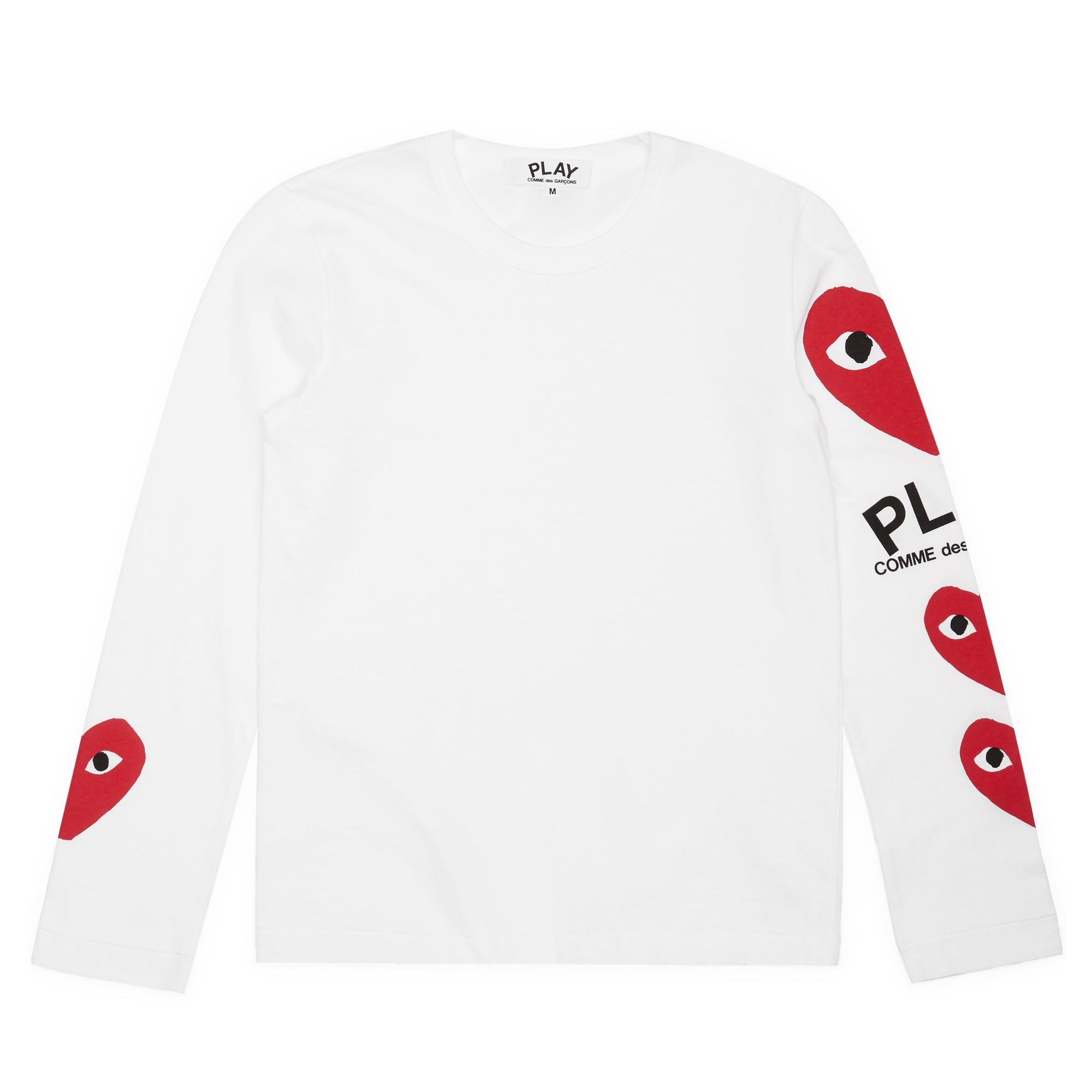 Play Comme des Garçons: 3 Heart Long Sleeve (White) | DSMNY E-SHOP