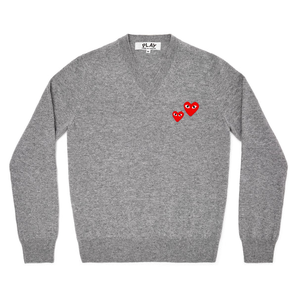 Play Comme des Garçons - V Neck Sweater Double Heart - (Grey)