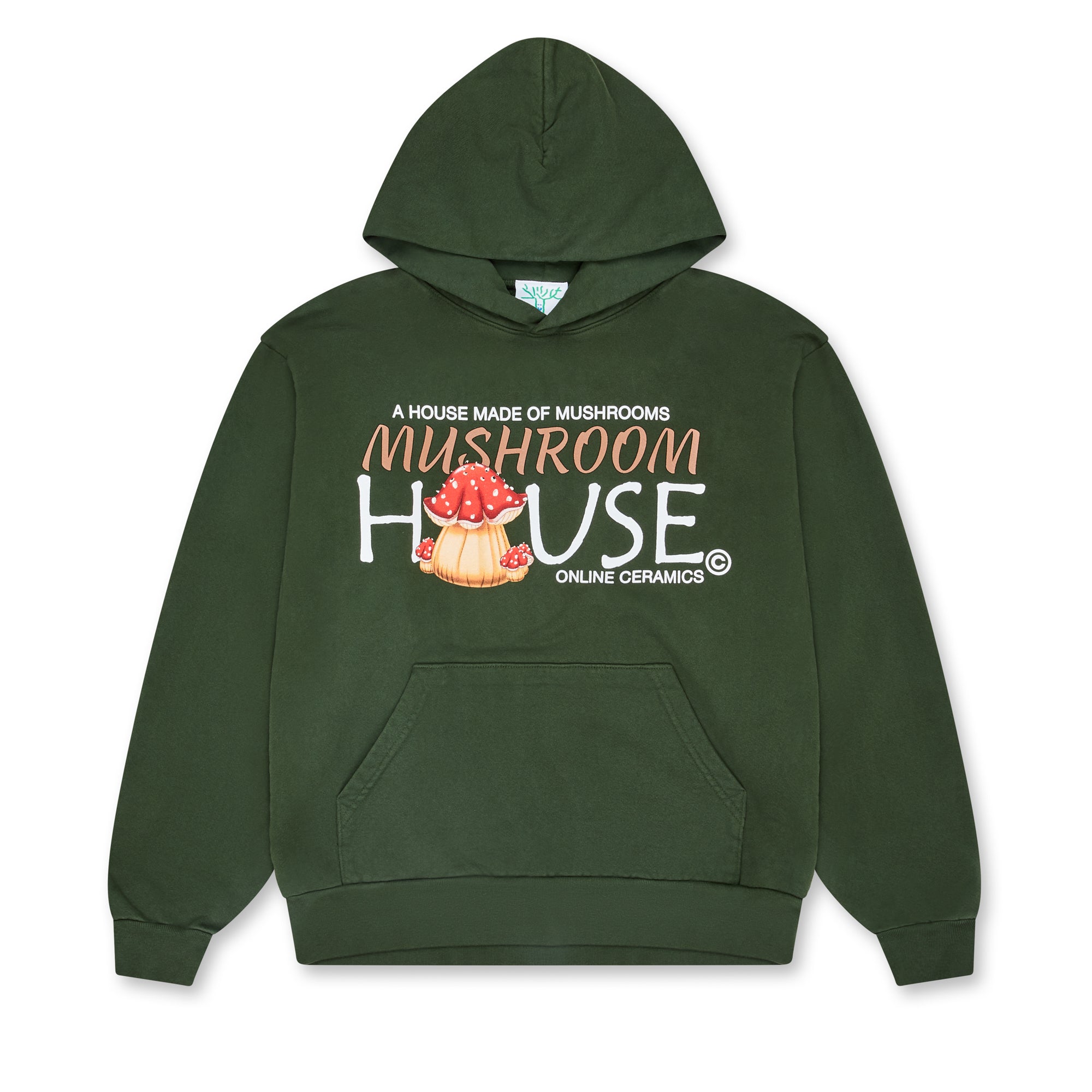 Online Ceramics - A House Made Of Mushrooms Logo Hoodie - (Ivy) view 1, Click to Zoom in